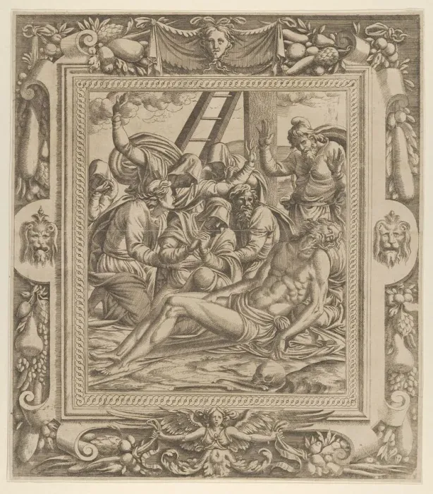 Framed Print : The Lamentation over Christ, 1535-55. Creator: Jean Mignon Framed Print : The Lamentation over Christ, 1535-55. Creator: Jean Mignon