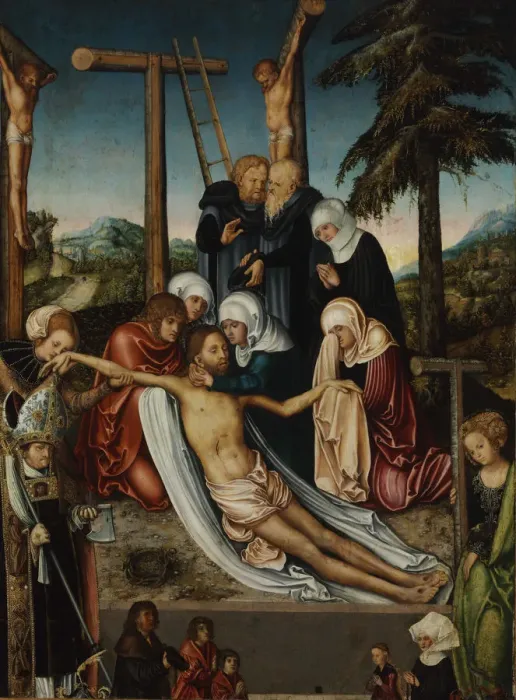 Framed Print : The Lamentation over Christ with Saints Wolfgang and Helena, c. 1525. Artist: Cranach, Lucas, the Elder (1472-1553) Framed Print : The Lamentation over Christ with Saints Wolfgang and Helena, c. 1525. Artist: Cranach, Lucas, the Elder (1472-1553)