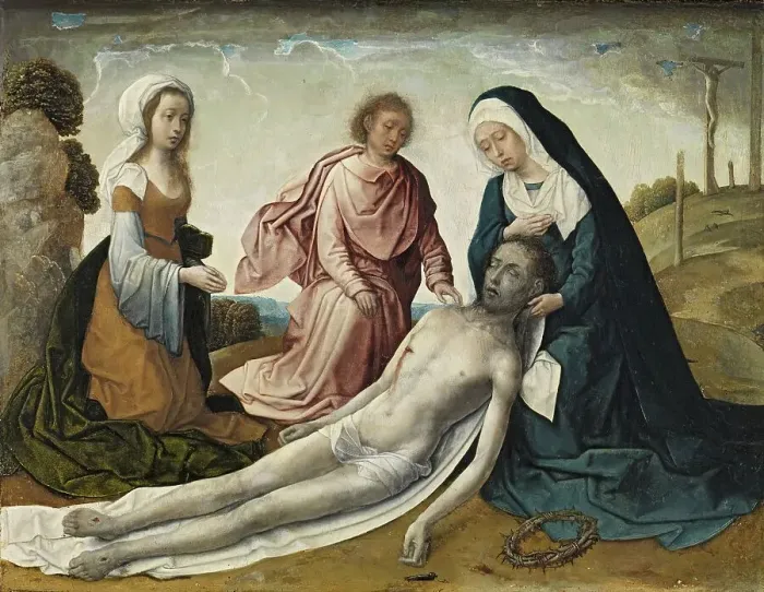 Framed Print : The Lamentation over the dead Christ, 1500. Creator: Juan de Flandes, the Elder Framed Print : The Lamentation over the dead Christ, 1500. Creator: Juan de Flandes, the Elder