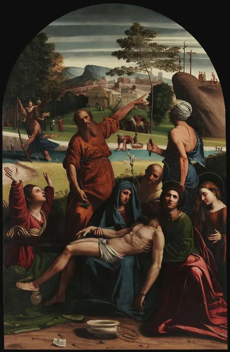 Framed Print : The Lamentation over the Dead Christ, 1521. Creator: Ortolano (Benvenuti), Giovanni Battista (c. 1480-1525) Framed Print : The Lamentation over the Dead Christ, 1521. Creator: Ortolano (Benvenuti), Giovanni Battista (c. 1480-1525)