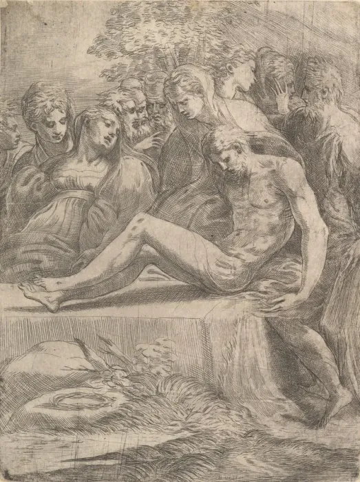 Framed Print : The lamentation over the dead Christ, ca. 1545-50. Creator: Andrea Schiavone Framed Print : The lamentation over the dead Christ, ca. 1545-50. Creator: Andrea Schiavone
