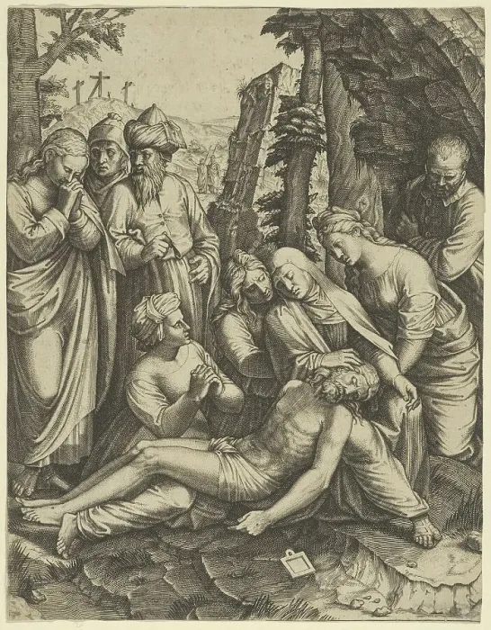 Framed Print : The lamentation of the dead Christ who is supported by the Virgin Mary and surround... ca. 1520-60. Creator: Anon Framed Print : The lamentation of the dead Christ who is supported by the Virgin Mary and surround... ca. 1520-60. Creator: Anon