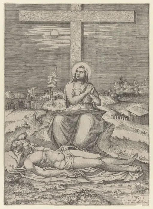 Framed Print : The Lamentation of the Virgin Beneath the Cross, 1566. Creator: Mario Cartaro Framed Print : The Lamentation of the Virgin Beneath the Cross, 1566. Creator: Mario Cartaro