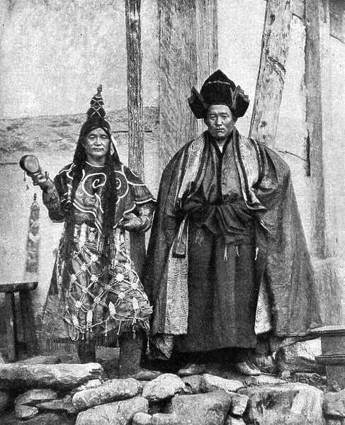 Lamist priests of Sikkim wearing robes, Talung monastery, India, 1922. Artist: John Claude White