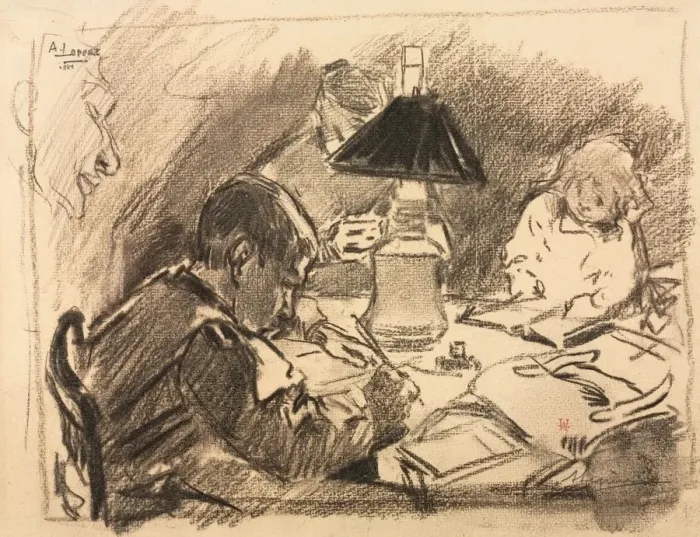 Framed Print : Around the Lamp, 1888. Creator: Auguste Louis Lepere (French, 1849-1918) Framed Print : Around the Lamp, 1888. Creator: Auguste Louis Lepere (French, 1849-1918)