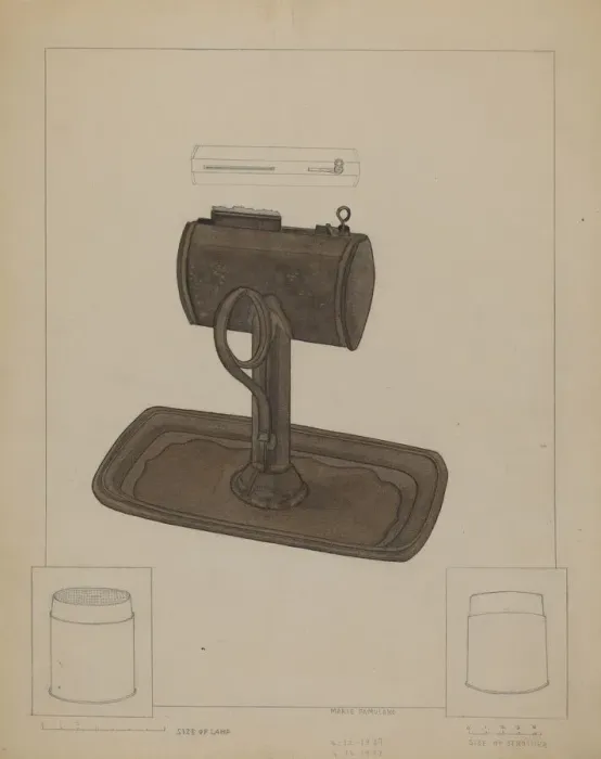 Framed Print : Lamp and Tallow Strainer, c. 1936. Creator: Marie Famularo Framed Print : Lamp and Tallow Strainer, c. 1936. Creator: Marie Famularo