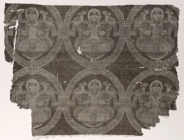 Framed Print : Lampas fragment with seated prince holding falcons in kufic medallions, 1654-1955 Framed Print : Lampas fragment with seated prince holding falcons in kufic medallions, 1654-1955