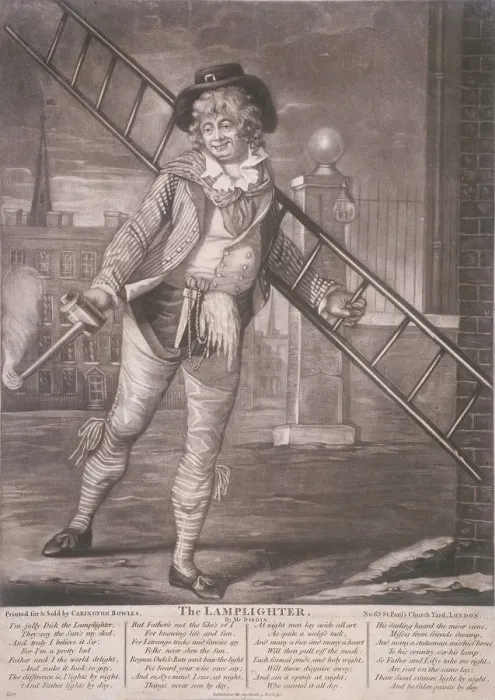 Framed Print : Lamplighter, 1790; with humorous text in the lower margin Framed Print : Lamplighter, 1790; with humorous text in the lower margin