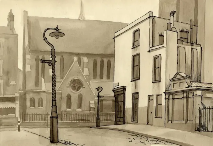 Framed Print : Lamppost and church, c1951. Creator: Shirley Markham Framed Print : Lamppost and church, c1951. Creator: Shirley Markham
