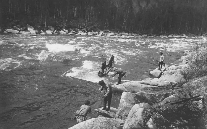 Framed Print : A Land-Management Expedition Boat Passing a Mrassu River Rapids, 1913. Creator: GI Ivanov
