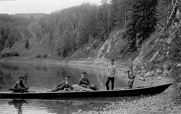 A Land-Management Expedition Boat by the Shore of the Mrassu River, 1913. Creator: GI Ivanov
