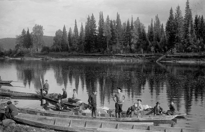 Framed Print : The Land-Management Expedition Boats on the Mrassu River Near the Ulus Taska, 1913. Creator: GI Ivanov Framed Print : The Land-Management Expedition Boats on the Mrassu River Near the Ulus Taska, 1913. Creator: GI Ivanov