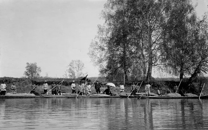Framed Print : Land-Management Expedition Boats by the Shore of the Tom River Between Kuznetsk and the... 1913. Creator: GI Ivanov Framed Print : Land-Management Expedition Boats by the Shore of the Tom River Between Kuznetsk and the... 1913. Creator: GI Ivanov