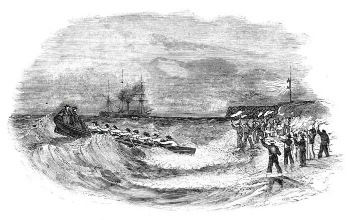 Framed Print : Landing the Abstract Express, at low water, 1844. Creator: Unknown Framed Print : Landing the Abstract Express, at low water, 1844. Creator: Unknown