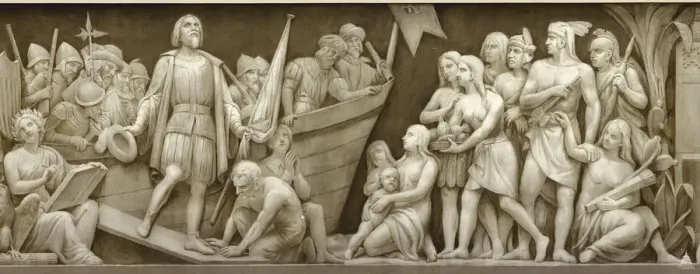 Framed Print : Landing of Christopher Columbus (The frieze in the Rotunda of the United States Capitol), 1860-1873. Artist: Brumidi, Constantino (1805-1880) Framed Print : Landing of Christopher Columbus (The frieze in the Rotunda of the United States Capitol), 1860-1873. Artist: Brumidi, Constantino (1805-1880)