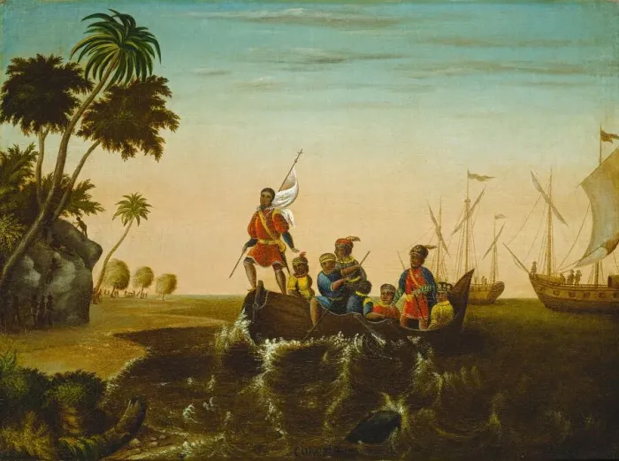 Framed Print : The Landing of Columbus, c. 1837. Creator: Edward Hicks Framed Print : The Landing of Columbus, c. 1837. Creator: Edward Hicks
