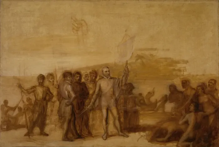 Framed Print : The Landing of Columbus, ca. 1840. Creator: John Vanderlyn Framed Print : The Landing of Columbus, ca. 1840. Creator: John Vanderlyn