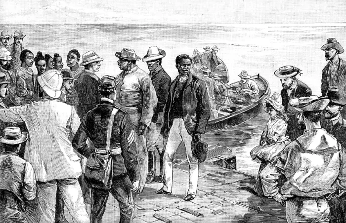 Framed Print : Landing of Dinizulu, the exiled Zulu Prince, at St. Helena, 1890. Creator: P Naumann Framed Print : Landing of Dinizulu, the exiled Zulu Prince, at St. Helena, 1890. Creator: P Naumann