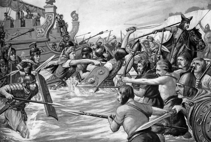 Framed Print : The landing of Julius Caesar in Britain, 55 BC, (c1920s). Artist: Richard Caton Woodville II Framed Print : The landing of Julius Caesar in Britain, 55 BC, (c1920s). Artist: Richard Caton Woodville II