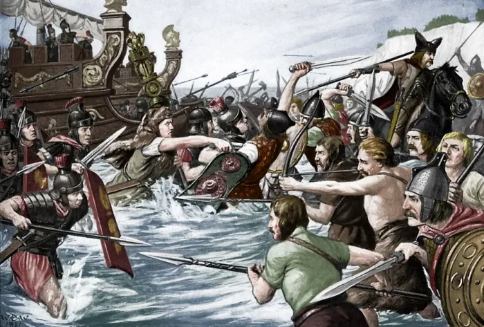 Framed Print : The landing of Julius Caesar in Britain, 55 BC, (c1920s). Artist: Richard Caton Woodville II Framed Print : The landing of Julius Caesar in Britain, 55 BC, (c1920s). Artist: Richard Caton Woodville II