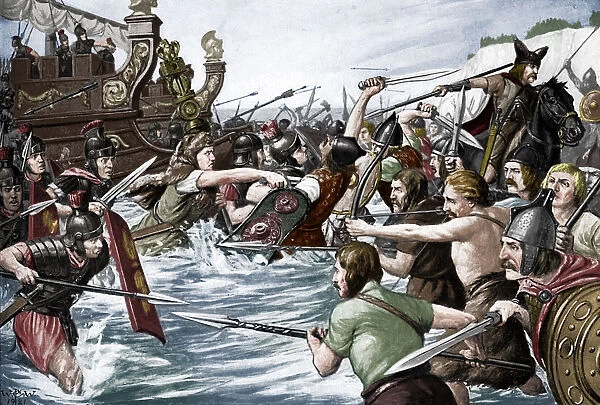 The landing of Julius Caesar in Britain, 55 BC, (c1920s). Artist: Richard Caton Woodville II