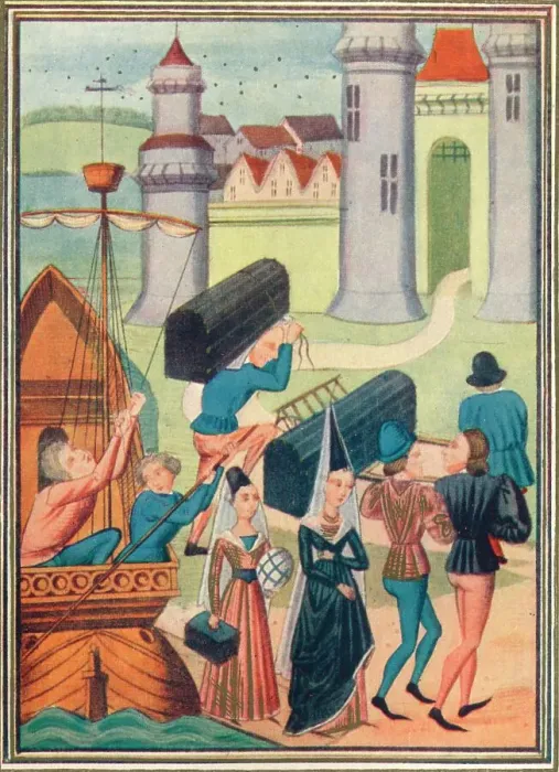Framed Print : The landing of the Lady de Coucy at Boulogne, 1399 (1905) Framed Print : The landing of the Lady de Coucy at Boulogne, 1399 (1905)