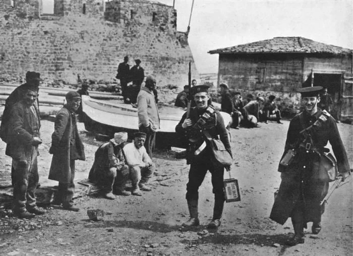 Framed Print : Landing party of marines during the early part of operations against the Dardanelles, 1915 Framed Print : Landing party of marines during the early part of operations against the Dardanelles, 1915