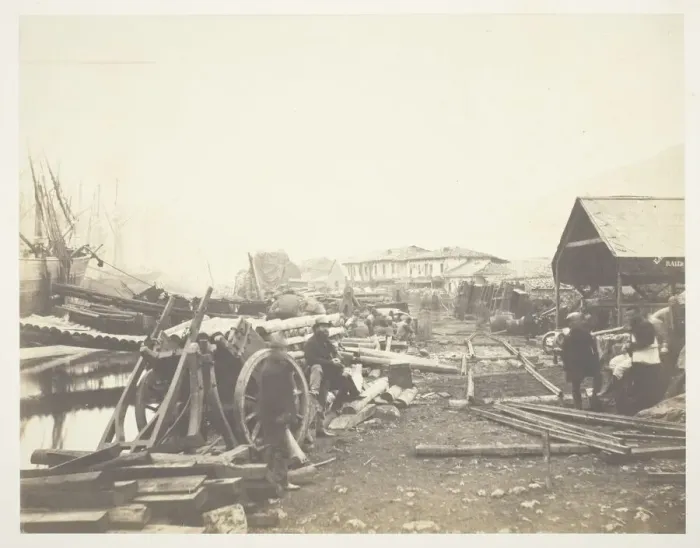 Framed Print : Landing Place, Railway Stores, Balaklava, 1855. Creator: Roger Fenton