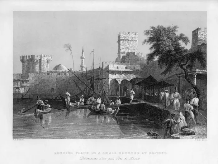 Framed Print : A landing place in a small harbour at Rhodes, Greece, 1841. Artist: John Le Keux Framed Print : A landing place in a small harbour at Rhodes, Greece, 1841. Artist: John Le Keux