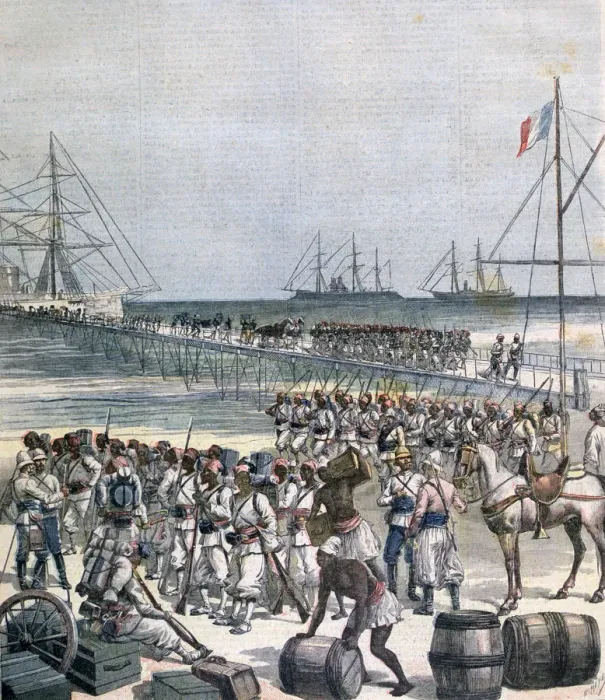 Framed Print : Landing of the Senegalese Troops at the New Wharf in Cotonou, Benin, 1892. Artist: Henri Meyer Framed Print : Landing of the Senegalese Troops at the New Wharf in Cotonou, Benin, 1892. Artist: Henri Meyer