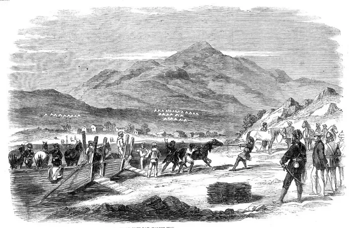 Framed Print : Landing of Sikh horses at Odin Bay, Talien-Wan - from a sketch by our special artist in China, 1860. Creator: Unknown Framed Print : Landing of Sikh horses at Odin Bay, Talien-Wan - from a sketch by our special artist in China, 1860. Creator: Unknown