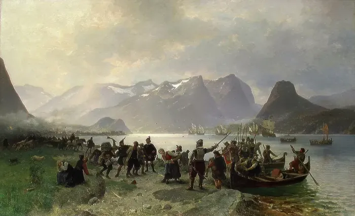 Framed Print : The Landing of Sinclair in Romsdal, 1876. Creator: Adolph Tidemand Framed Print : The Landing of Sinclair in Romsdal, 1876. Creator: Adolph Tidemand