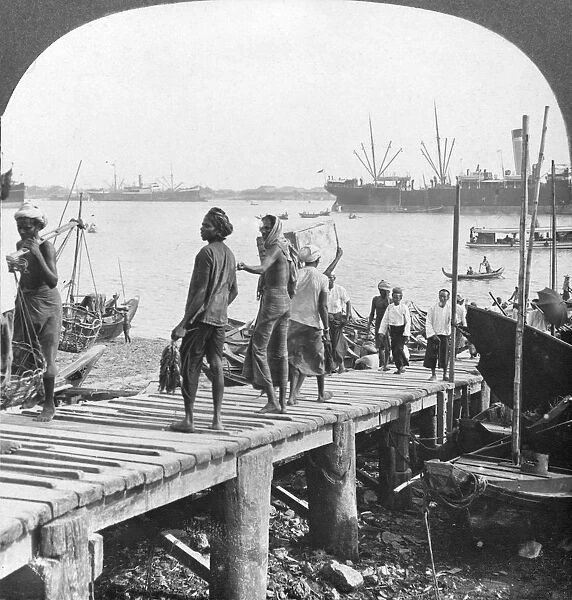 Landing stage on the Irawaddy River, Rangoon, Burma, 1908. Artist: Stereo Travel Co