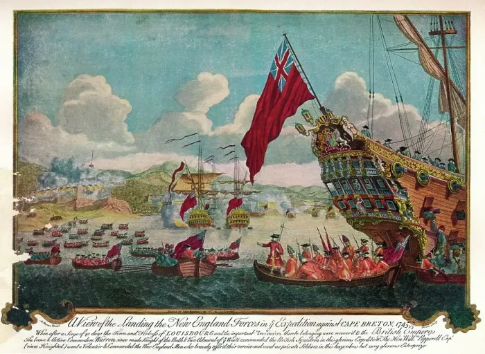 Framed Print : The landing of troops from New England on the island of Cape Breton to attack Louisbourg, 1747. Artist: James L. Brooks Framed Print : The landing of troops from New England on the island of Cape Breton to attack Louisbourg, 1747. Artist: James L. Brooks