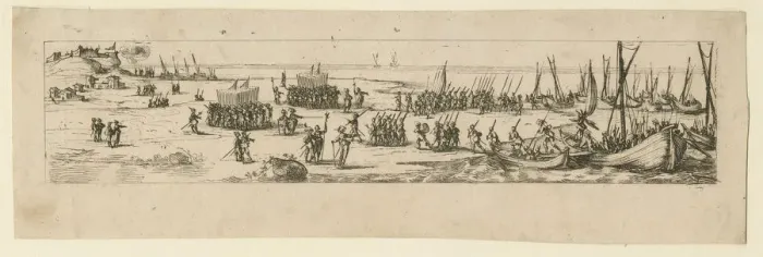 Framed Print : Landing of troops at the siege of La Rochelle, 1630. Artist: Callot, Jacques (1592-1635) Framed Print : Landing of troops at the siege of La Rochelle, 1630. Artist: Callot, Jacques (1592-1635)