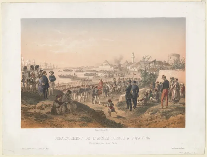 Framed Print : Landing of the Turkish army at Yevpatoriaunder the command of Omer Pasha, 1855. Artist: Deroy