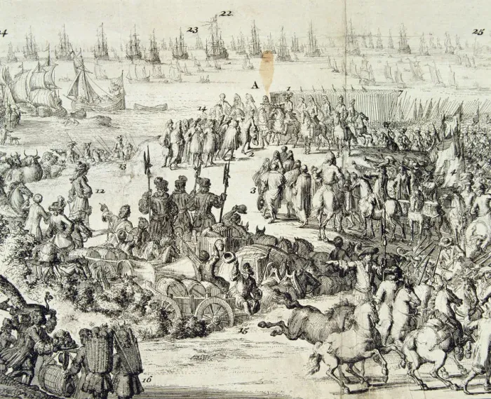 Framed Print : Landing of William III in England, engraving Framed Print : Landing of William III in England, engraving