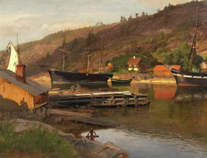 Framed Print : Landingsbrygge Husvik, Drøbak, 1875. Creator: Hans Gude Framed Print : Landingsbrygge Husvik, Drøbak, 1875. Creator: Hans Gude