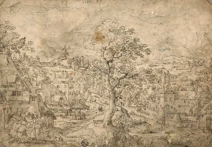 Framed Print : Landscape with Abraham and Angels, 1567. Creator: Hans Bol Framed Print : Landscape with Abraham and Angels, 1567. Creator: Hans Bol