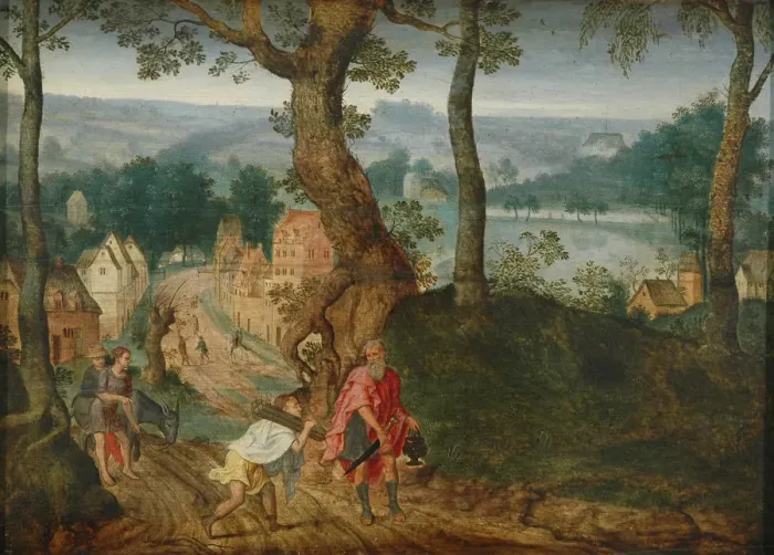 Framed Print : Landscape with Abraham and Isaac, Mid of 17th century. Artist: Grimmer, Jacob (ca 1525-1590) Framed Print : Landscape with Abraham and Isaac, Mid of 17th century. Artist: Grimmer, Jacob (ca 1525-1590)