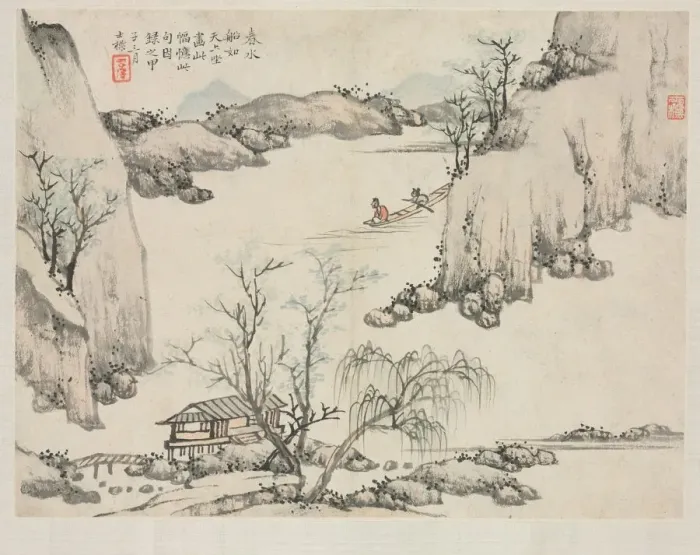 Framed Print : Landscape Album in Various Styles: Boating in Spring Water, 1684. Creator: Zha Shibiao (Chinese Framed Print : Landscape Album in Various Styles: Boating in Spring Water, 1684. Creator: Zha Shibiao (Chinese