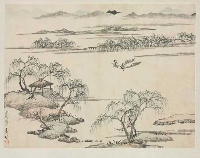 Framed Print : Landscape Album in Various Styles: The Stream of Wuling, 1684. Creator: Zha Shibiao (Chinese Framed Print : Landscape Album in Various Styles: The Stream of Wuling, 1684. Creator: Zha Shibiao (Chinese