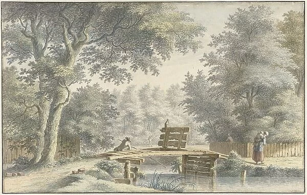 Landscape with an angler on a bridge, 1763. Creator: Gerard van Rossum