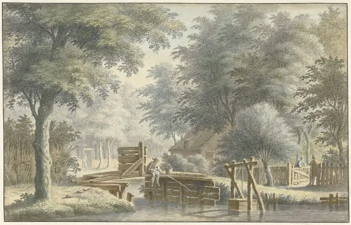Framed Print : Landscape with an angler on a bridge, 1763. Creator: Gerard van Rossum Framed Print : Landscape with an angler on a bridge, 1763. Creator: Gerard van Rossum