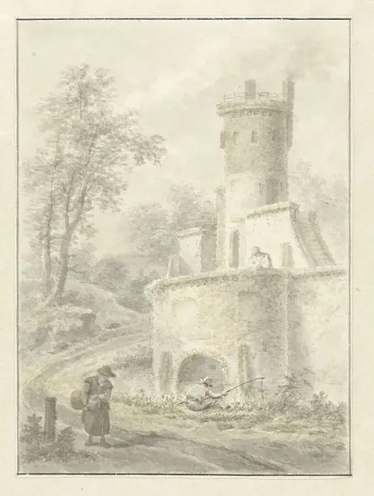 Framed Print : Landscape with an angler and a woman near a fortress tower, 1838. Creator: Pieter Barbiers Framed Print : Landscape with an angler and a woman near a fortress tower, 1838. Creator: Pieter Barbiers