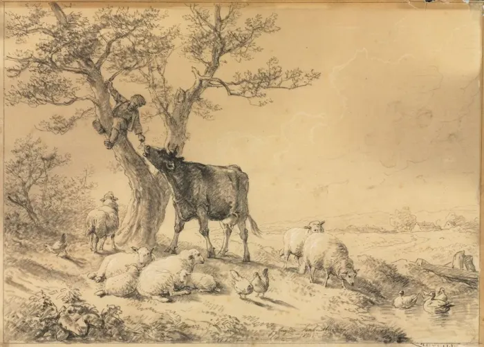 Framed Print : Landscape with Animals and Boy in Tree, 1866. Creator: Eugene Joseph Verboeckhoven (Belgian Framed Print : Landscape with Animals and Boy in Tree, 1866. Creator: Eugene Joseph Verboeckhoven (Belgian