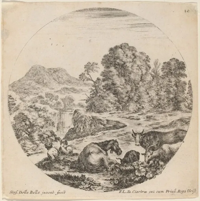 Framed Print : Landscape with Animals and Two Seated Shepherds, 1646. Creator: Stefano della Bella Framed Print : Landscape with Animals and Two Seated Shepherds, 1646. Creator: Stefano della Bella