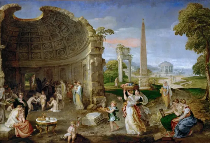 Framed Print : Landscape with antique ruins and bathing women Framed Print : Landscape with antique ruins and bathing women