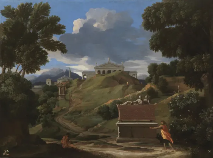 Framed Print : Landscape with Antique Tomb and Two Figures, 1642-1647. Artist: Poussin, Nicolas (1594-1665) Framed Print : Landscape with Antique Tomb and Two Figures, 1642-1647. Artist: Poussin, Nicolas (1594-1665)