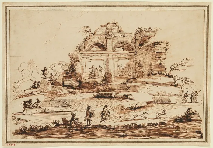 Framed Print : Landscape with Arched Ruins, 18th century. Creator: Unknown Framed Print : Landscape with Arched Ruins, 18th century. Creator: Unknown
